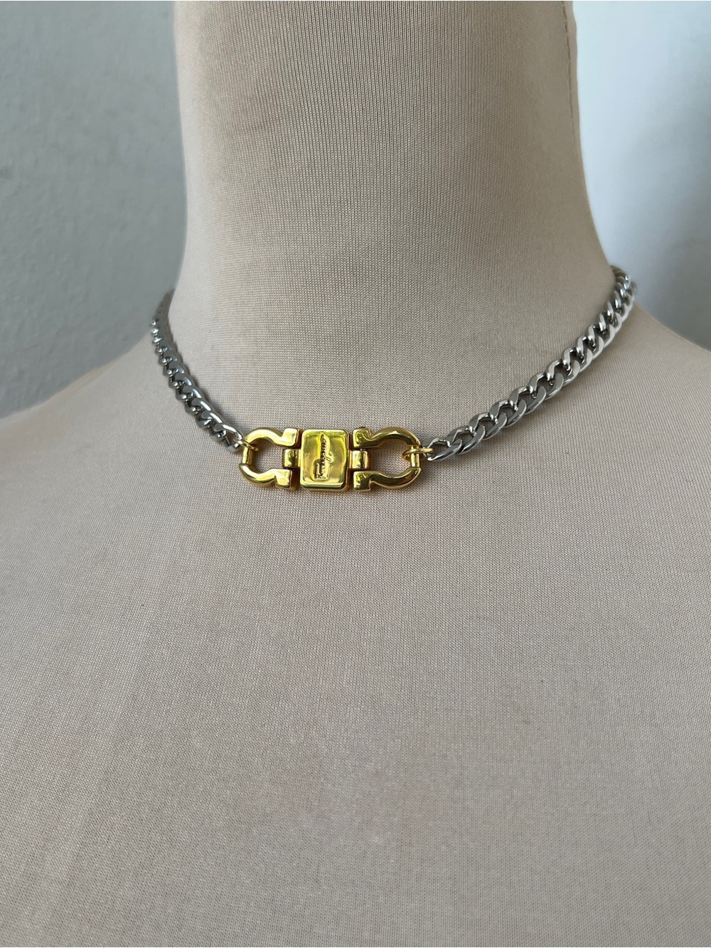 Custom Vintage Two-tone Ferragamo Curb Chain Choker Necklace 15.5” - Picture 6 of 9